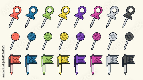 Set di icone vettoriali colorate raffiguranti puntine da disegno, segnaposti rotondi e bandierine di segnalazione in vari colori vivaci su sfondo chiaro, ideali per design di mappe e interfacce.