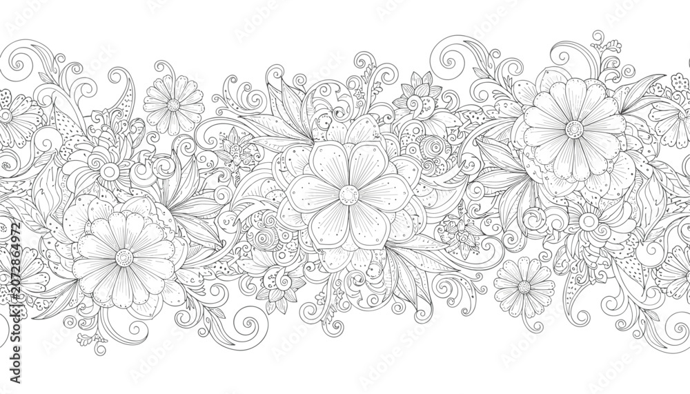 Fototapeta premium Intricate floral seamless border featuring detailed hand drawn flowers and swirls for adult coloring book pages.