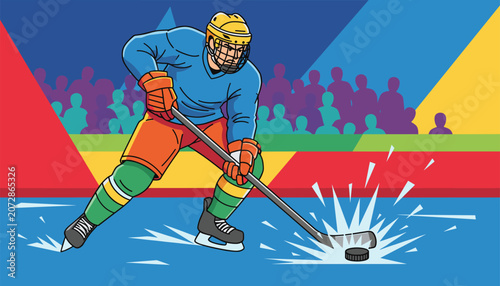 Dynamic illustration of an ice hockey player in a blue jersey skating on the ice and hitting a puck.