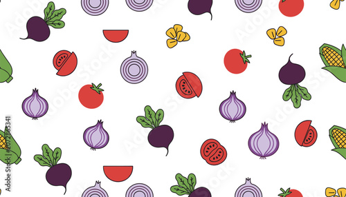 Fresh vegetable seamless pattern with sliced tomatoes, purple onions, dark beets, and sweet corn on a white background.