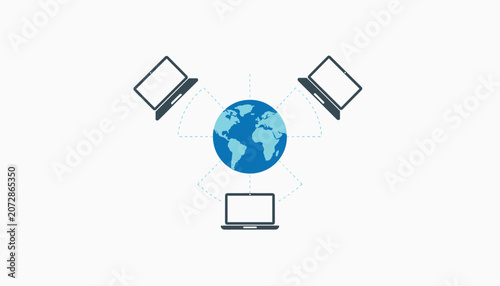 Global internet network illustration showing three laptops connected wirelessly to a central blue planet earth.