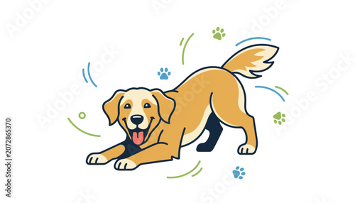 Cute happy golden retriever puppy in a playful play bow pose surrounded by colorful paw prints and motion lines.
