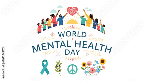 Tableau sur toile World Mental Health Day Celebration: Diverse group of people celebrating World Mental Health Day with symbols of hope, peace, and love, promoting awareness and support