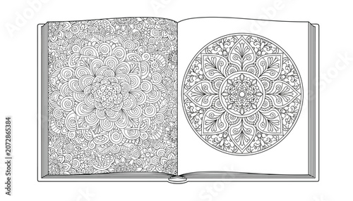 Open coloring book with intricate floral mandala patterns and therapeutic details displayed on both pages.