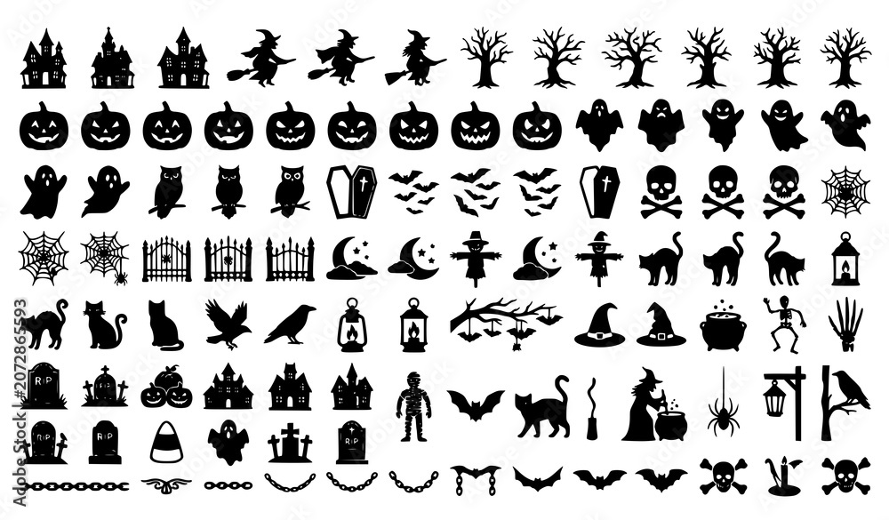 Obraz premium Halloween Vector Silhouette Pack Haunted House Creepy Tree Witch and Ghost Elements