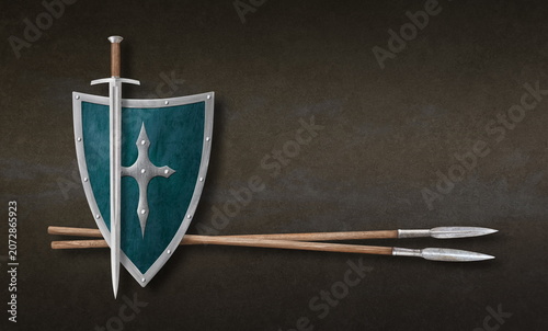 sword shield and two spears on grunge background