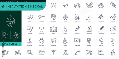 Healthcare and Medical Technology Line Icons Set for Hospital Telehealth Dashboard and Digital Bio Medicine App UI Vector Illustration
