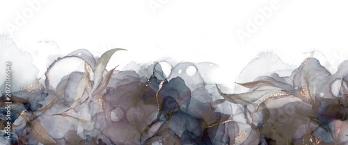 alcohol ink and watercolor border with floral motif supplemented with golden elements created by hand with layered liquid shapes on white backdrop 