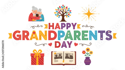 Fotografie Happy Grandparents Day Illustration: A joyful illustration celebrating Grandparents Day, featuring heartwarming icons like embracing seniors, a colorful family tree, a gift box, a photo album