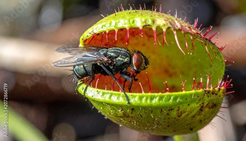A close-up view of a carnivorous plant with a fly trapped inside