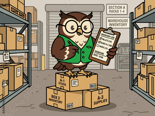Cute owl mascot managing inventory boxes in a warehouse storage facility