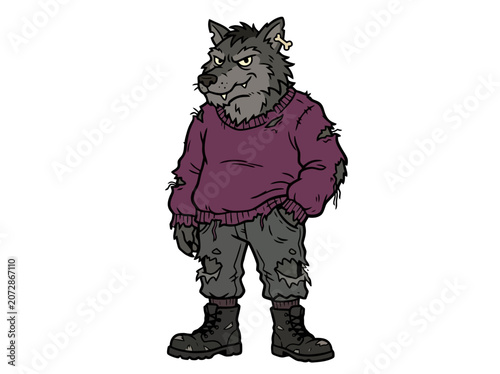Cartoon werewolf character illustration wearing torn clothes on white background.