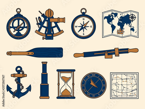 Vintage nautical navigation instruments vector illustration set. Marine tools.