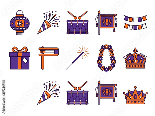 Purple and orange festive celebration icons: gifts, lanterns, drums, party poppers.