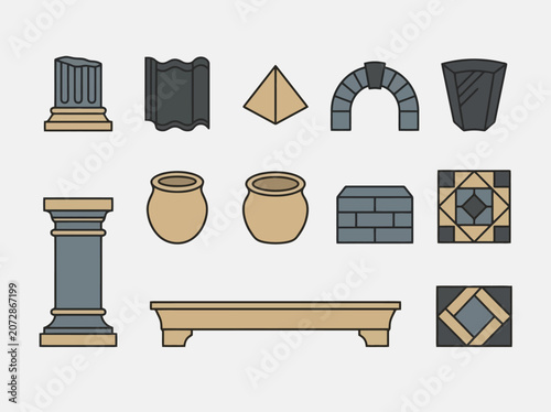 Architectural elements vector illustration: classical columns, tiles, pottery