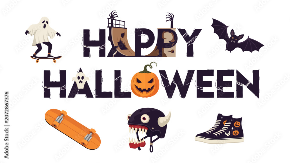 Naklejka premium Spooky Halloween Fun: A playful illustration featuring classic Halloween motifs like ghosts, bats, and pumpkins, alongside elements of skateboarding and punk rock culture.