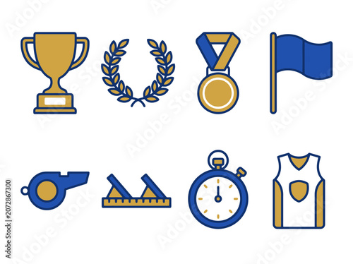 Sports competition icons with trophy, laurel wreath, whistle, and starting blocks.