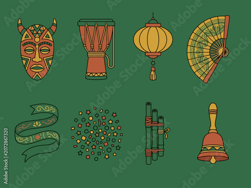 Cultural African celebration vector: mask, djembe drum, banner, confetti