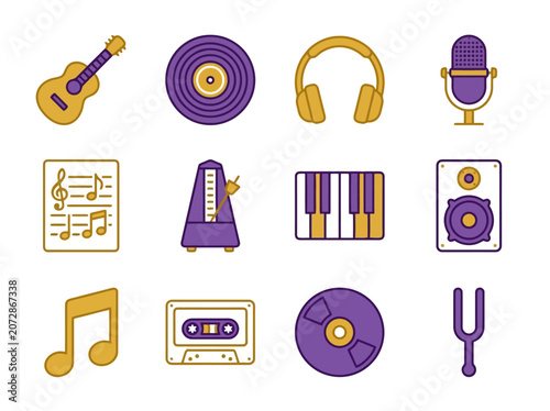 Vector music icons: guitar, vinyl record, metronome, sheet, note, cassette