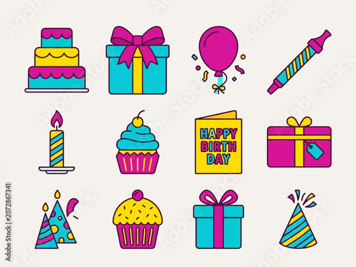 Birthday party icon set featuring cake, gift, candle, and cupcakes. Flat vector for celebration events.