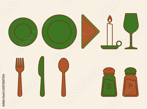 Flat illustration of dining plates, fork, knife, and spoon, minimalist style