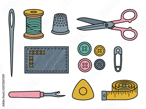 Hand-drawn sewing tools set with needle, thread, thimble, and seam ripper for craft tailoring projects.