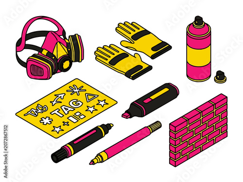 Urban graffiti art tools: gas mask, stencil, and markers for street artist