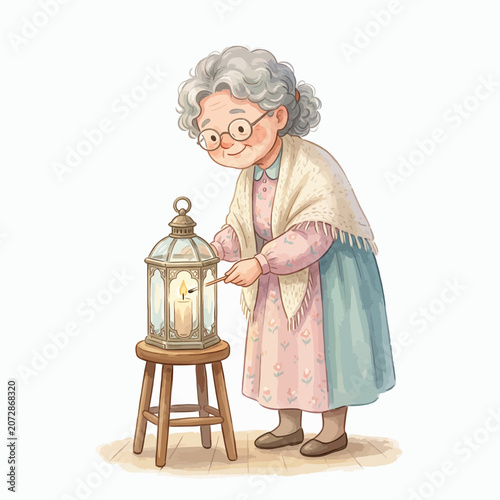 Elderly woman holding lantern carefully outside.