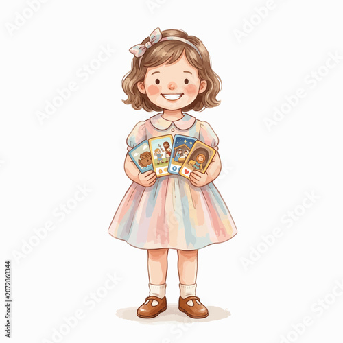Little girl holding colorful books smiling.