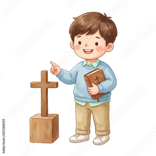 Boy holding book and pointing cross.