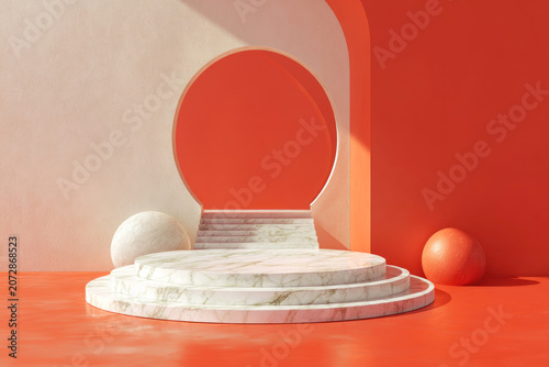 Modern marble podium mockup in contemporary white and orange art-inspired interior