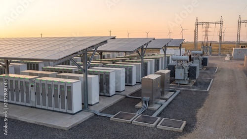 Solar power station with battery energy storage units, transformers, wind turbines and power lines at sunset, renewable energy, grid infrastructure and clean power concept