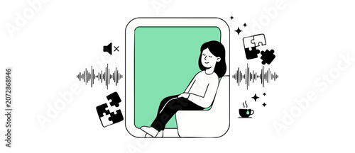 Foto Noise cancelling cabin woman relaxing inside office phone booth with soundproof