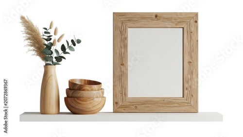 Minimalist shelf with vase, pot, and frame