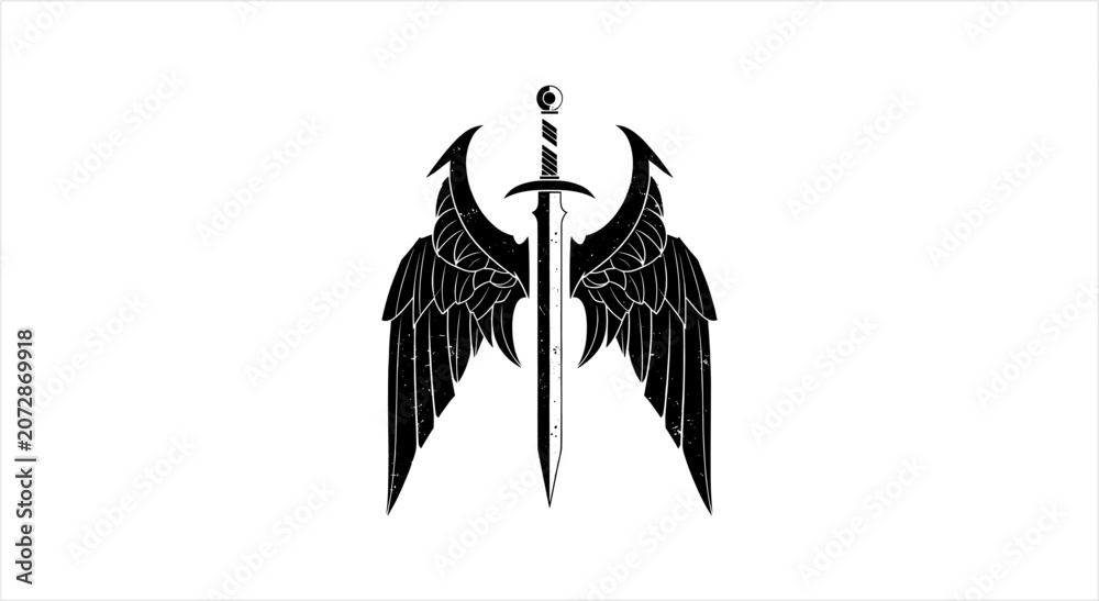 Obraz premium Black Angel Wings Sword Emblem Symbol Design.