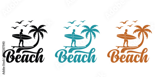 Foto Beach surfing logos with palm trees and seagulls