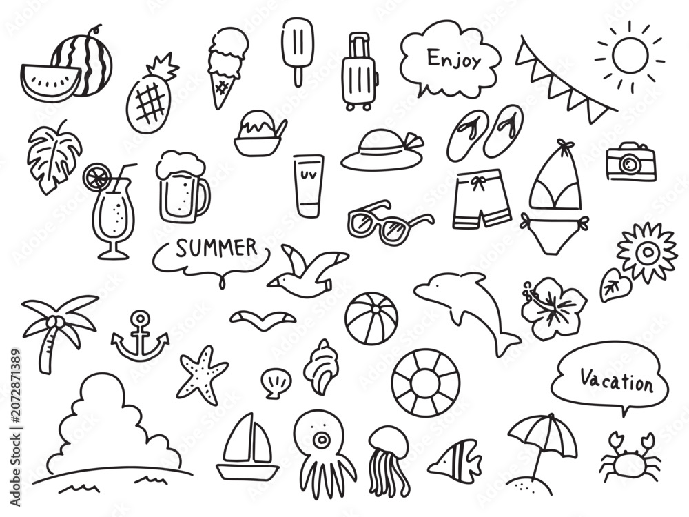 Obraz premium 夏のかわいい手描きイラストセット