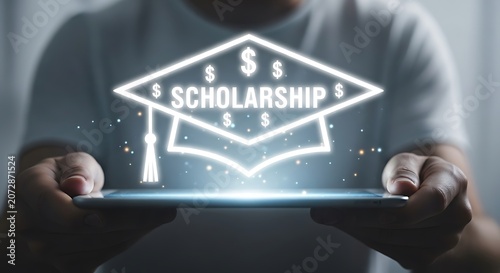 Man holding tablet with glowing scholarship icon and dollar signs floating above