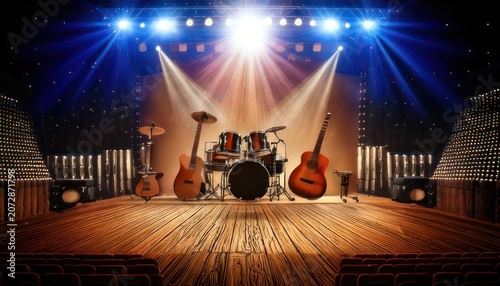 Empty Concert Stage with Musical Instruments and Lighting.