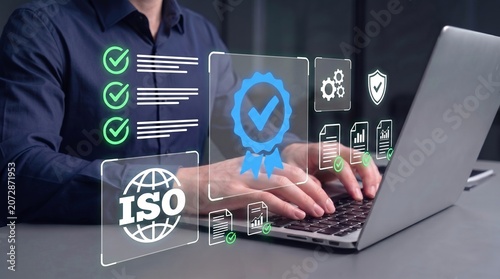 business quality control and performance excellence concept. user interacts with iso certification dashboard, process optimization icons, security standards validation, and standardized operation mana