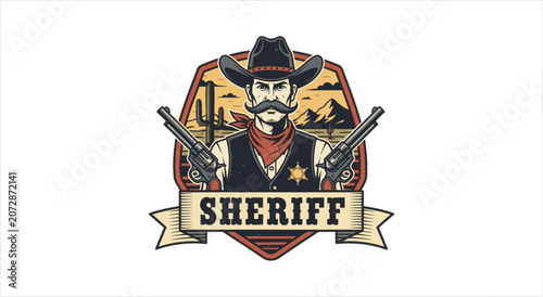 Fotografie Sheriff Emblem with Cowboy Holding Guns.