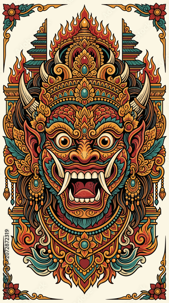Naklejka premium Ornate mask with fierce expression and elaborate headdress.