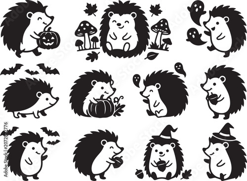 Cute Halloween Hedgehog Character Collection Featuring Pumpkins Mushrooms Leaves And Cozy Seasonal Elements