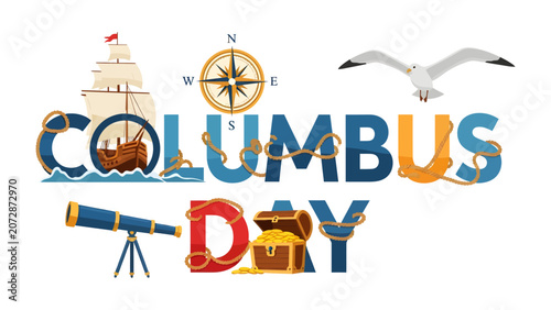 Foto Columbus Day Celebration: A vibrant graphic montage commemorates Columbus Day, featuring a sailing ship, compass, treasure chest, telescope, and a soaring seagull