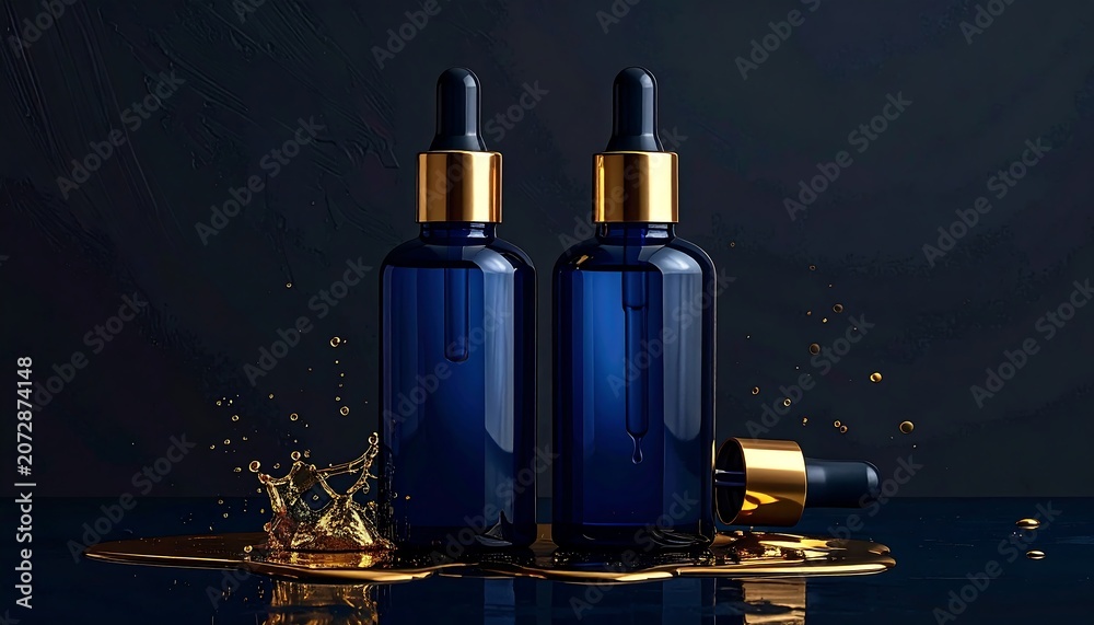 Naklejka premium Two blue serum bottles with gold accents sit on gold liquid