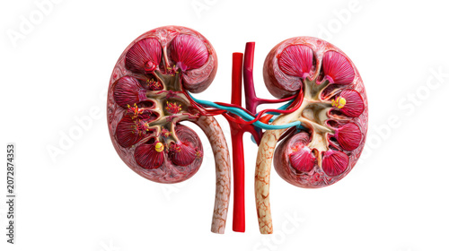Detailed human kidney anatomy cross section medical illustration showing internal structures blood vessels urinary system educational concept on white background