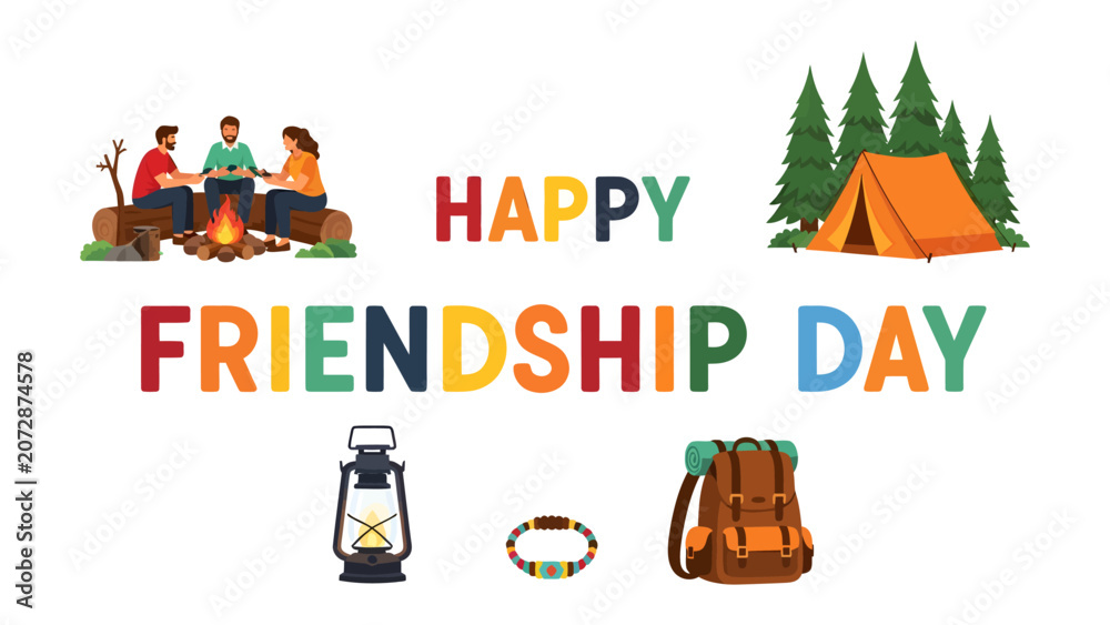 Fototapeta premium Happy Friendship Day Celebration: A vibrant illustration depicts friends enjoying a camping trip, gathered around a campfire with tents and trees in the background, celebrating the joy of friendship.