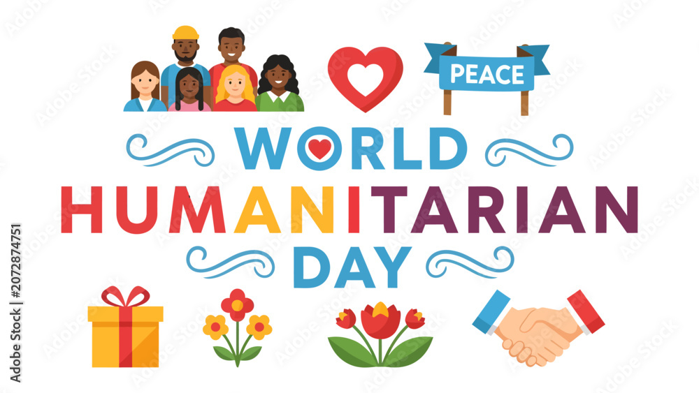 Fototapeta premium World Humanitarian Day Celebration: A vibrant graphic symbolizing World Humanitarian Day with diverse people, a heart, a peace sign, gifts, flowers, and a handshake, promoting unity and compassion.