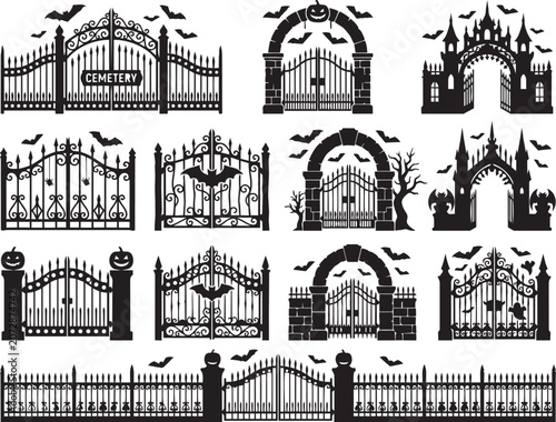 Premium Halloween Haunted Gate Silhouette Collection Featuring Gothic Entrances Decorative Fences And Archways