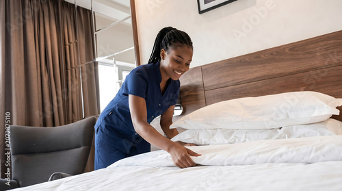Hotel housekeeper making bed with crisp white linens in modern guest room with soft lighting and clean decor
